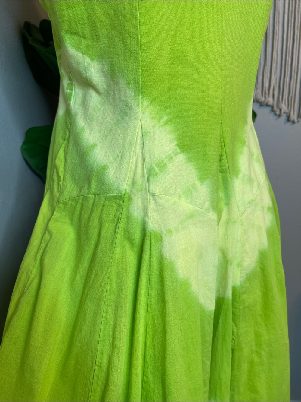 Artsy Boho Lagenlook French Bustle 100% Cotton Midi Dress Lime Green Tie Dye - Picture 10 of 15